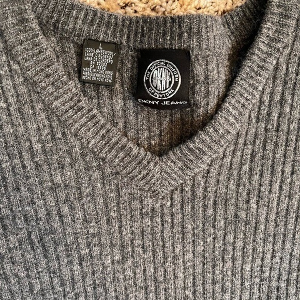 DKNY Gray and Black Lambswool V-Neck Sweater – Men's - Picture 2 of 5